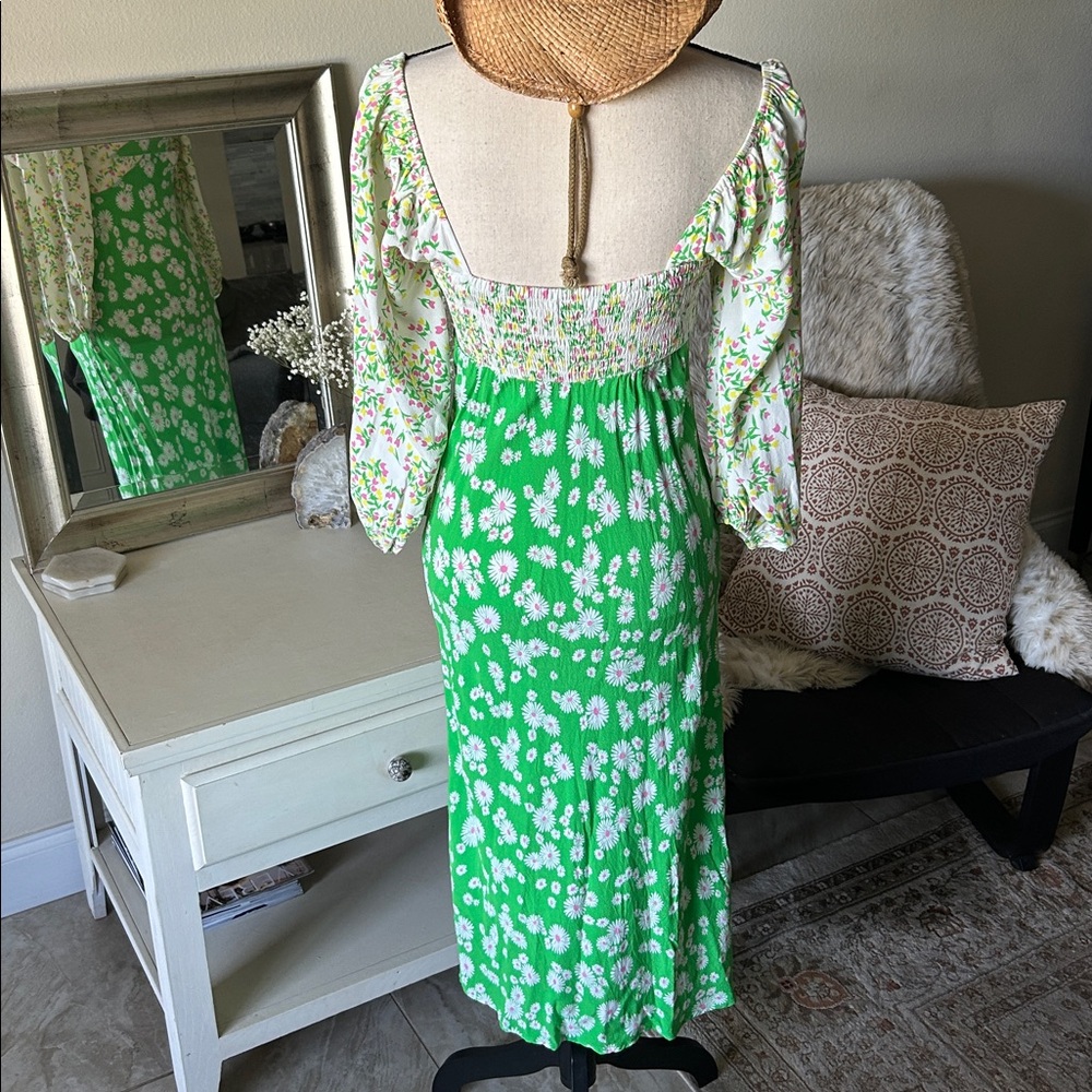 Rixo X target Vtg 70’s green floral spring puff balloon sleeve midi dress S/M 4 - Picture 7 of 11